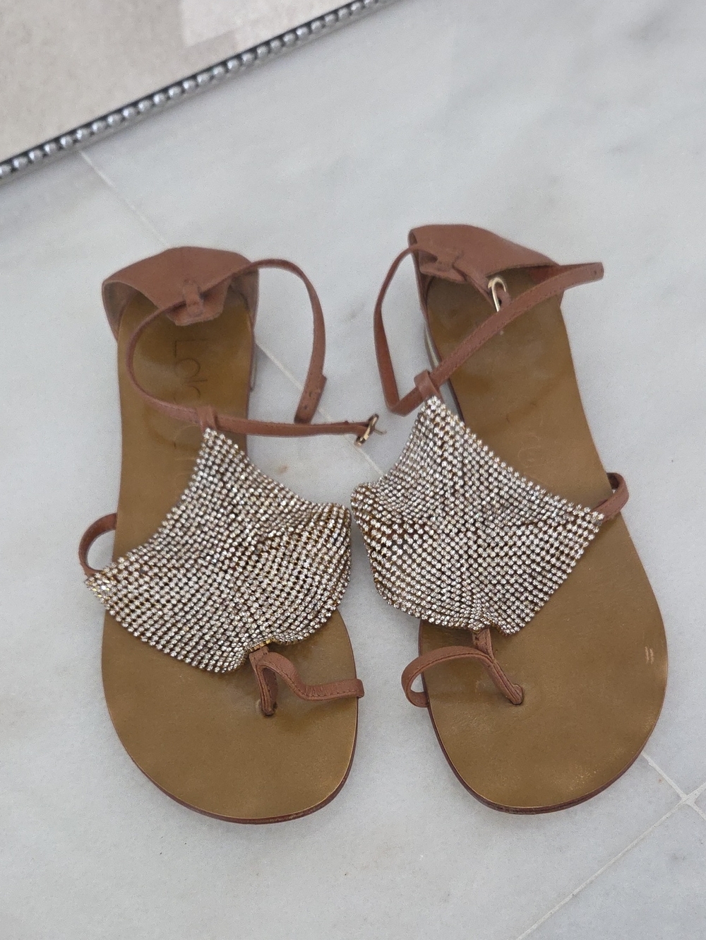 Lola Cruz Embellished Brown T-Strap Flat Sandals